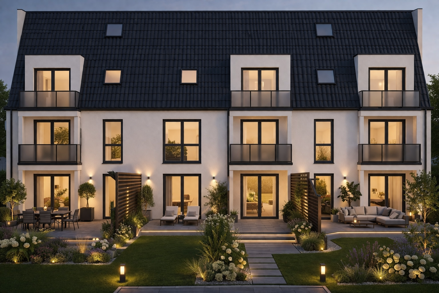Wohnquartier Neuer Hagen Abendansicht beleuchtete Fenster Neubau Degersen